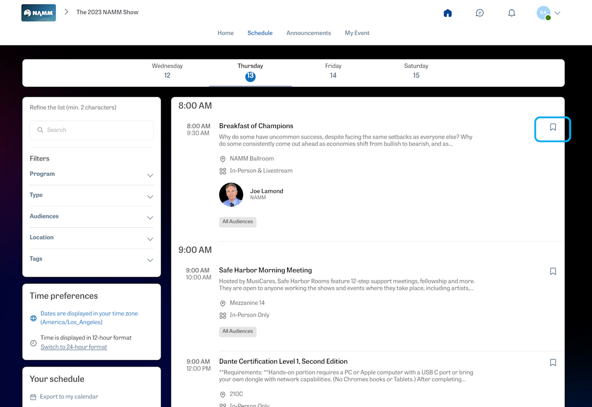 Click the bookmark icon to add events to your personalized event agenda.