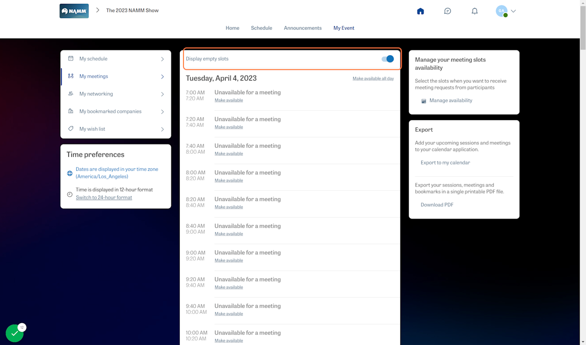 You can view your open time slots as well as scheduled meetings once you've set your availability.